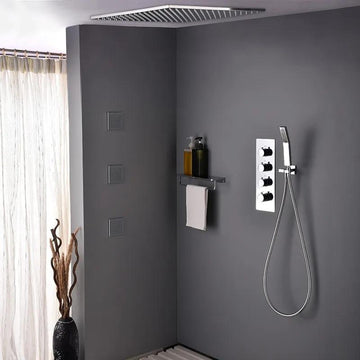 Modern 16" Chrome Thermostatic Rain Shower System with Handheld Shower & 3 Body Sprays
